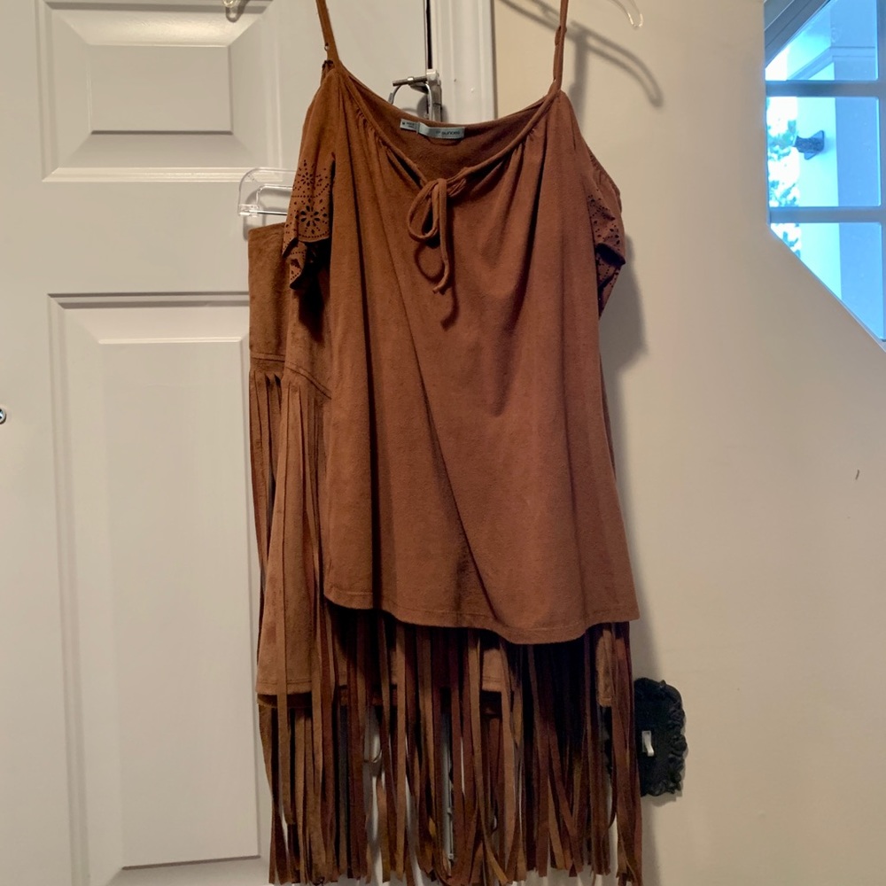 2 piece suede fringe top and skirt